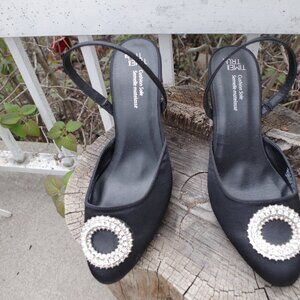 Time Tru  Ladies Black Satin High Heels With Crystal Rhine stones Sling Back New